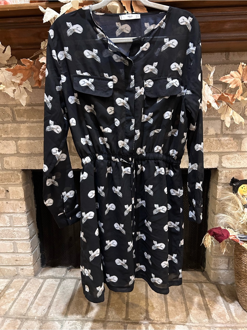 Mango Black Fox-Print Long Sleeve Shirt Dress EUC